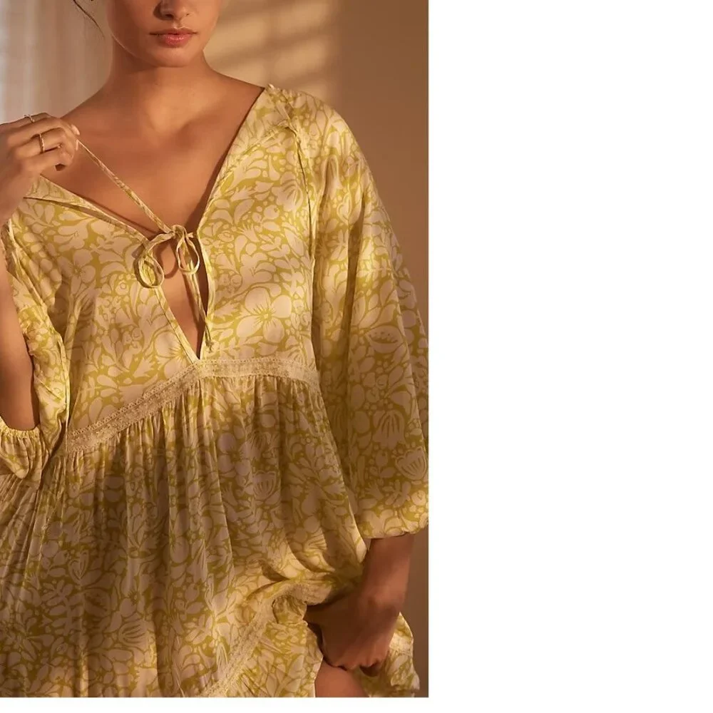 By Anthropologie Tiered Puff-Sleeve Dress new with tag nwt size M yellow - Picture 4 of 6